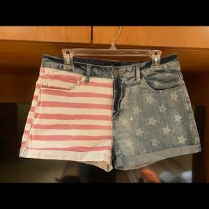 red white and blue denim shorts